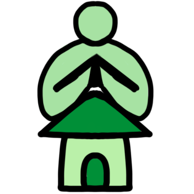 A green house with a triangular roof. above it is a light green figure making a triangle shape with their hands, mimicking the roof.